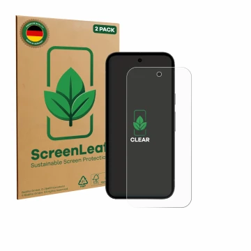 Face avant d’un emballage produit avec le logo de la marque ScreenLeaf. À côté, l’appareil Google Pixel 10a est représenté ave