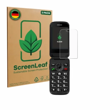 Face avant d’un emballage produit avec le logo de la marque ScreenLeaf. À côté, l’appareil Simvalley Mobile XL-970 est représe