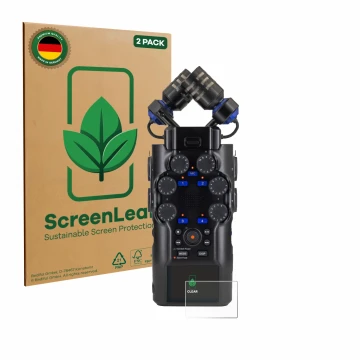 Face avant d’un emballage produit avec le logo de la marque ScreenLeaf. À côté, l’appareil Zoom H6 studio est représenté avec 