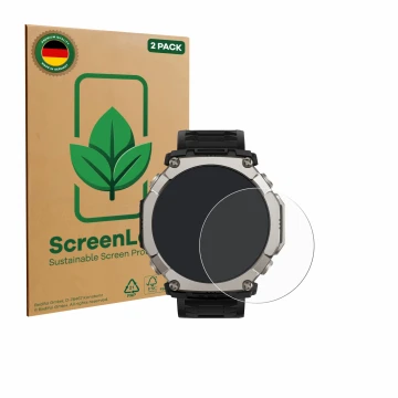 Face avant d’un emballage produit avec le logo de la marque ScreenLeaf. À côté, l’appareil Huami Amazfit T-Rex Ultra 2 est rep