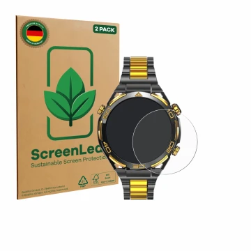 Face avant d’un emballage produit avec le logo de la marque ScreenLeaf. À côté, l’appareil Blackview W90 Pro est représenté av