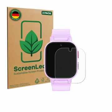 Face avant d’un emballage produit avec le logo de la marque ScreenLeaf. À côté, l’appareil Alutoria Kids Smartwatch 1.42