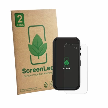 Face avant d’un emballage produit avec le logo de la marque ScreenLeaf. À côté, l’appareil Fossibot F116 Pro 5G est représenté