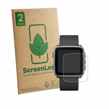 Face avant d’un emballage produit avec le logo de la marque ScreenLeaf. À côté, l’appareil Pebble Time 2 2026 est représenté a
