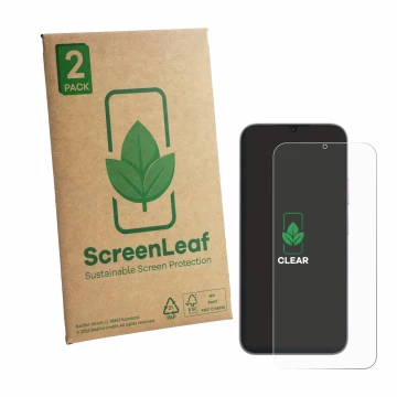 Face avant d’un emballage produit avec le logo de la marque ScreenLeaf. À côté, l’appareil realme C100i est représenté avec la