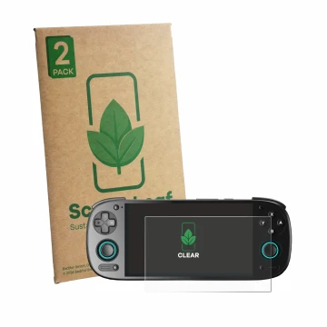 Face avant d’un emballage produit avec le logo de la marque ScreenLeaf. À côté, l’appareil Retroid Pocket 5 est représenté ave