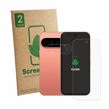 Face avant d’un emballage produit avec le logo de la marque ScreenLeaf. À côté, l’appareil Google Pixel 11 Pro (Avant+Caméra) 