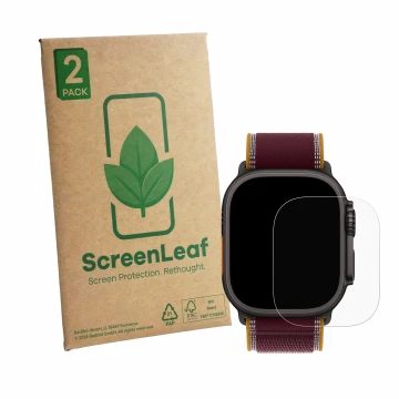 Face avant d’un emballage produit avec le logo de la marque ScreenLeaf. À côté, l’appareil Apple Watch Ultra 4 (49 mm) est rep