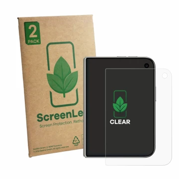 Face avant d’un emballage produit avec le logo de la marque ScreenLeaf. À côté, l’appareil Apple iPhone Duo est représenté ave