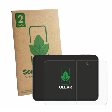 Face avant d’un emballage produit avec le logo de la marque ScreenLeaf. À côté, l’appareil Apple iPhone Duo (Affichage interne