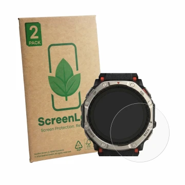 Face avant d’un emballage produit avec le logo de la marque ScreenLeaf. À côté, l’appareil Huami Amazfit T-Rex Dual Solar est 