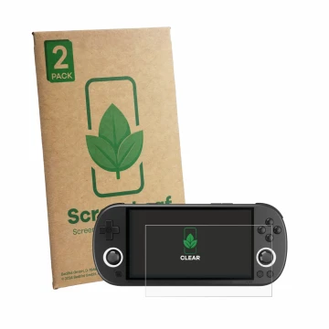 Face avant d’un emballage produit avec le logo de la marque ScreenLeaf. À côté, l’appareil Trimui Smart Pro est représenté ave
