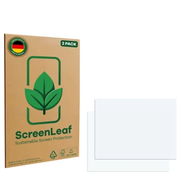Face avant d’un emballage produit avec le logo de la marque ScreenLeaf. À côté se trouve la protection d’écran correspondante.