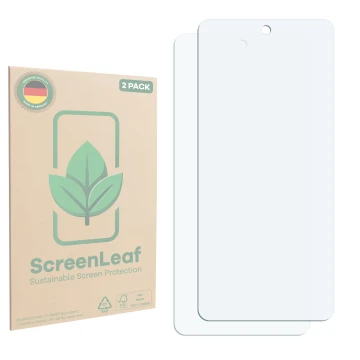 Face avant d’un emballage produit avec le logo de la marque ScreenLeaf. À côté se trouve la protection d’écran correspondante.