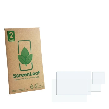 Face avant d’un emballage produit avec le logo de la marque ScreenLeaf. À côté se trouve la protection d’écran correspondante.