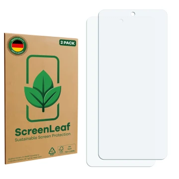 Face avant d’un emballage produit avec le logo de la marque ScreenLeaf. À côté se trouve la protection d’écran correspondante.
