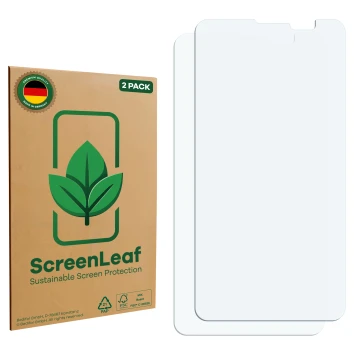 Face avant d’un emballage produit avec le logo de la marque ScreenLeaf. À côté se trouve la protection d’écran correspondante.