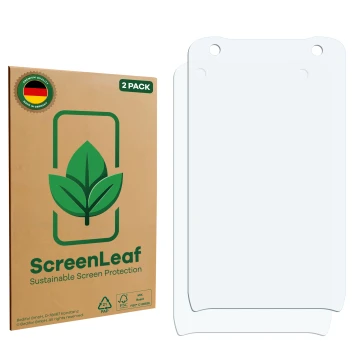 Face avant d’un emballage produit avec le logo de la marque ScreenLeaf. À côté se trouve la protection d’écran correspondante.
