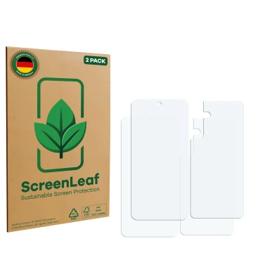 Face avant d’un emballage produit avec le logo de la marque ScreenLeaf. À côté se trouve la protection d’écran correspondante.