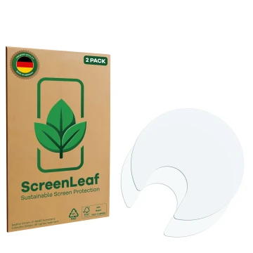 Face avant d’un emballage produit avec le logo de la marque ScreenLeaf. À côté se trouve la protection d’écran correspondante.