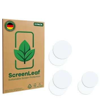 Face avant d’un emballage produit avec le logo de la marque ScreenLeaf. À côté se trouve la protection d’écran correspondante.
