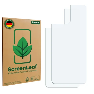 Face avant d’un emballage produit avec le logo de la marque ScreenLeaf. À côté se trouve la protection d’écran correspondante.