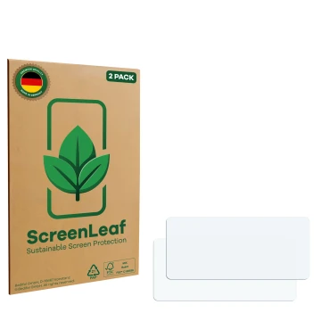 Face avant d’un emballage produit avec le logo de la marque ScreenLeaf. À côté se trouve la protection d’écran correspondante.