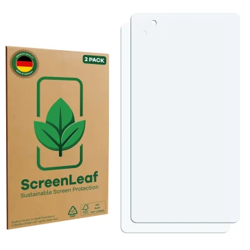 Face avant d’un emballage produit avec le logo de la marque ScreenLeaf. À côté se trouve la protection d’écran correspondante.