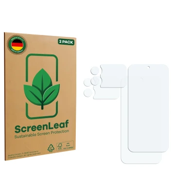 Face avant d’un emballage produit avec le logo de la marque ScreenLeaf. À côté se trouve la protection d’écran correspondante.