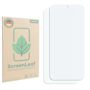 Face avant d’un emballage produit avec le logo de la marque ScreenLeaf. À côté se trouve la protection d’écran correspondante.