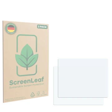 Face avant d’un emballage produit avec le logo de la marque ScreenLeaf. À côté se trouve la protection d’écran correspondante.