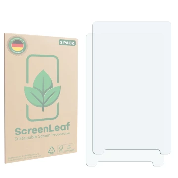 Face avant d’un emballage produit avec le logo de la marque ScreenLeaf. À côté se trouve la protection d’écran correspondante.