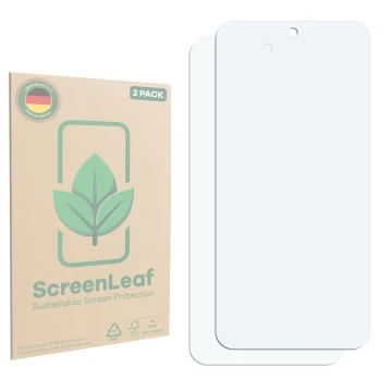 Face avant d’un emballage produit avec le logo de la marque ScreenLeaf. À côté se trouve la protection d’écran correspondante.