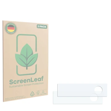 Face avant d’un emballage produit avec le logo de la marque ScreenLeaf. À côté se trouve la protection d’écran correspondante.