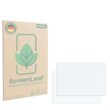 Face avant d’un emballage produit avec le logo de la marque ScreenLeaf. À côté se trouve la protection d’écran correspondante.