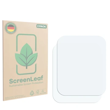 Face avant d’un emballage produit avec le logo de la marque ScreenLeaf. À côté se trouve la protection d’écran correspondante.