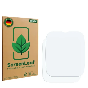 Face avant d’un emballage produit avec le logo de la marque ScreenLeaf. À côté se trouve la protection d’écran correspondante.