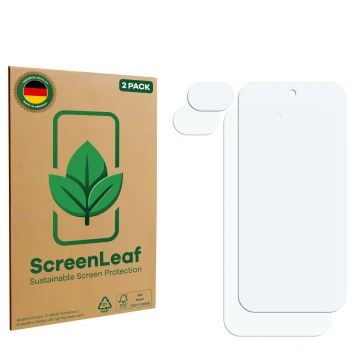 Face avant d’un emballage produit avec le logo de la marque ScreenLeaf. À côté se trouve la protection d’écran correspondante.