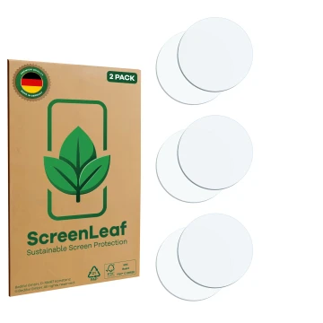 Face avant d’un emballage produit avec le logo de la marque ScreenLeaf. À côté se trouve la protection d’écran correspondante.