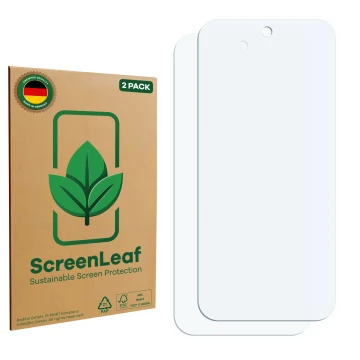 Face avant d’un emballage produit avec le logo de la marque ScreenLeaf. À côté se trouve la protection d’écran correspondante.