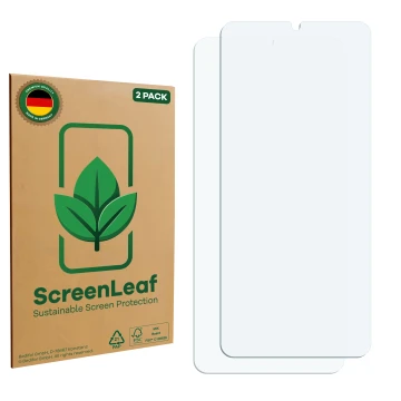Face avant d’un emballage produit avec le logo de la marque ScreenLeaf. À côté se trouve la protection d’écran correspondante.