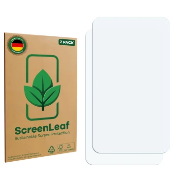 Face avant d’un emballage produit avec le logo de la marque ScreenLeaf. À côté se trouve la protection d’écran correspondante.