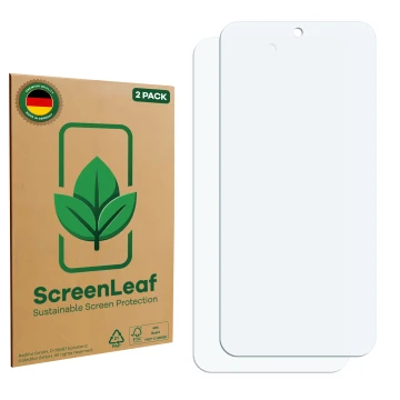 Face avant d’un emballage produit avec le logo de la marque ScreenLeaf. À côté se trouve la protection d’écran correspondante.
