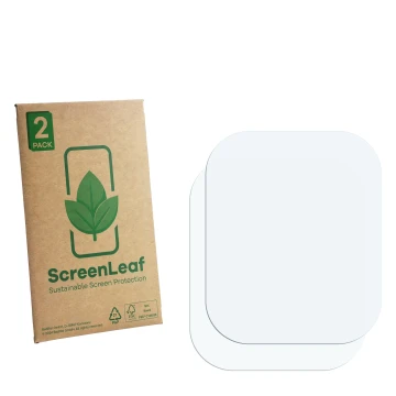 Face avant d’un emballage produit avec le logo de la marque ScreenLeaf. À côté se trouve la protection d’écran correspondante.