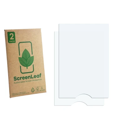 Face avant d’un emballage produit avec le logo de la marque ScreenLeaf. À côté se trouve la protection d’écran correspondante.