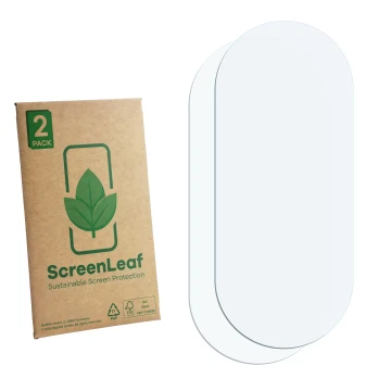 Face avant d’un emballage produit avec le logo de la marque ScreenLeaf. À côté se trouve la protection d’écran correspondante.