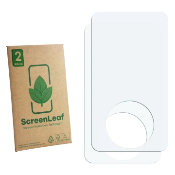 Face avant d’un emballage produit avec le logo de la marque ScreenLeaf. À côté se trouve la protection d’écran correspondante.