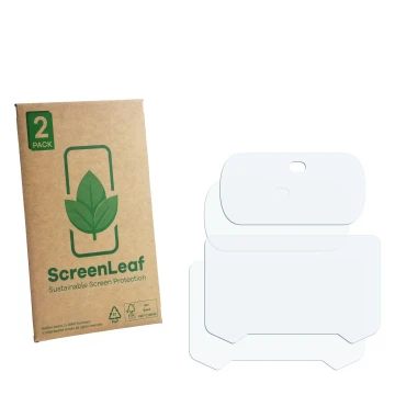 Face avant d’un emballage produit avec le logo de la marque ScreenLeaf. À côté se trouve la protection d’écran correspondante.