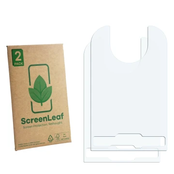 Face avant d’un emballage produit avec le logo de la marque ScreenLeaf. À côté se trouve la protection d’écran correspondante.