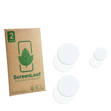 Face avant d’un emballage produit avec le logo de la marque ScreenLeaf. À côté se trouve la protection d’écran correspondante.